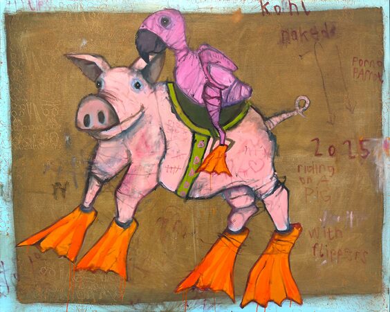 Naked Porno Parrot riding on a pig with flippers